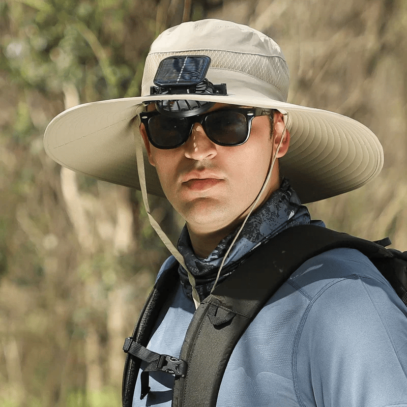 Cappello da sole per la pesca all’aperto con tesa larga e ventilatore solare – Ricarica solare e USB