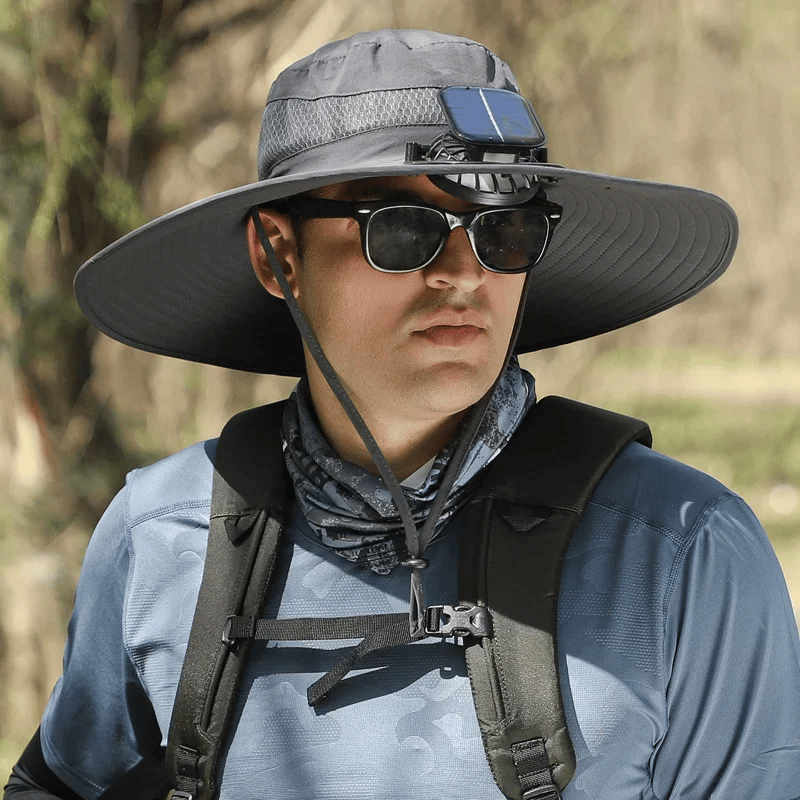 Cappello da sole per la pesca all’aperto con tesa larga e ventilatore solare – Ricarica solare e USB