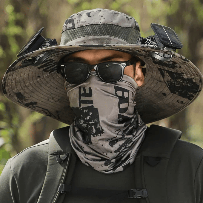 Cappello da sole per la pesca all’aperto con tesa larga e ventilatore solare – Ricarica solare e USB
