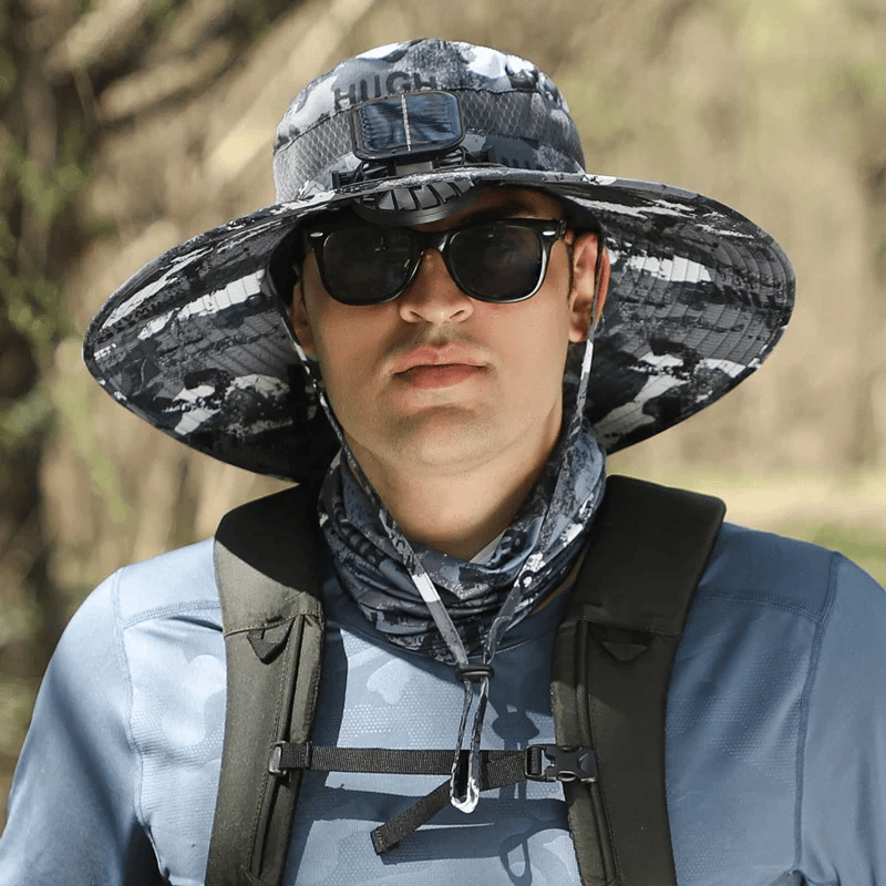 Cappello da sole per la pesca all’aperto con tesa larga e ventilatore solare – Ricarica solare e USB