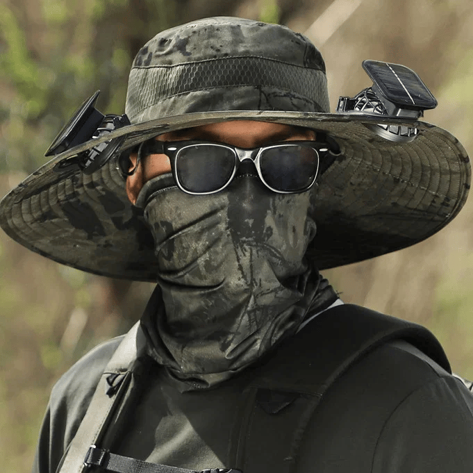 Cappello da sole per la pesca all’aperto con tesa larga e ventilatore solare – Ricarica solare e USB