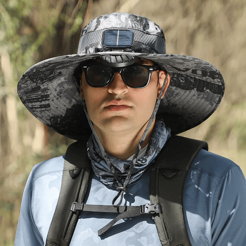 Cappello da sole per la pesca all’aperto con tesa larga e ventilatore solare – Ricarica solare e USB