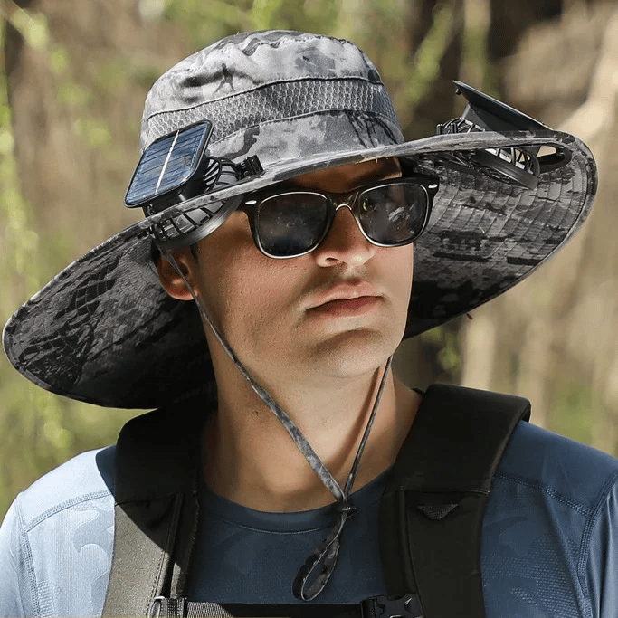 Cappello da sole per la pesca all’aperto con tesa larga e ventilatore solare – Ricarica solare e USB