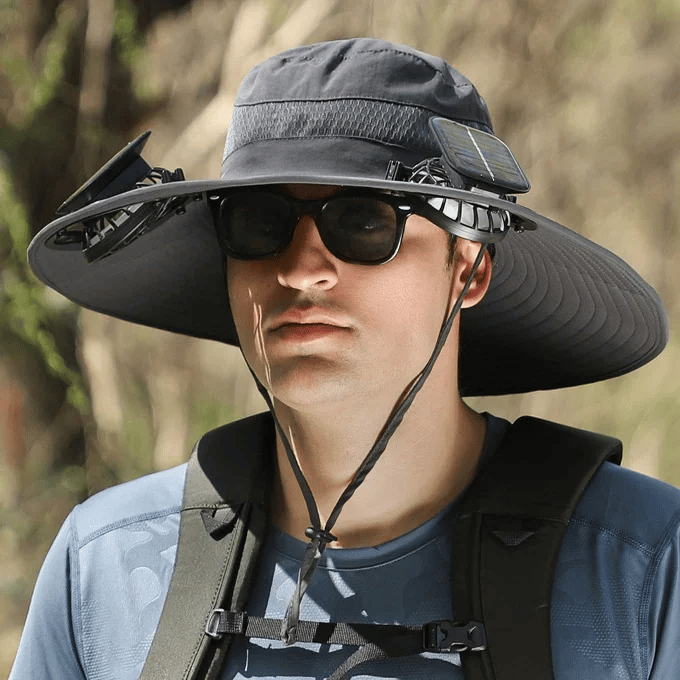 Cappello da sole per la pesca all’aperto con tesa larga e ventilatore solare – Ricarica solare e USB