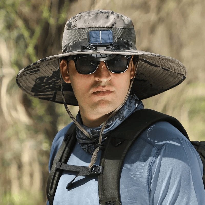 Cappello da sole per la pesca all’aperto con tesa larga e ventilatore solare – Ricarica solare e USB
