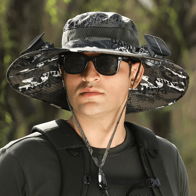 Cappello da sole per la pesca all’aperto con tesa larga e ventilatore solare – Ricarica solare e USB