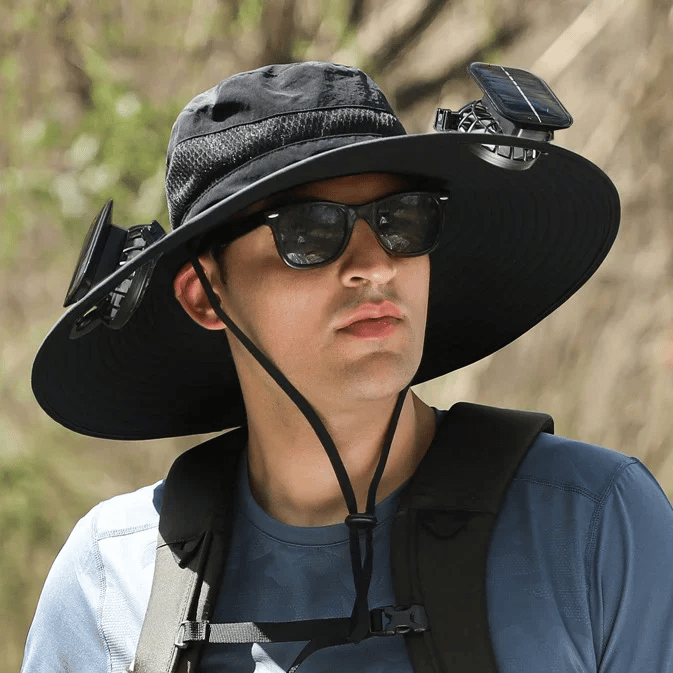 Cappello da sole per la pesca all’aperto con tesa larga e ventilatore solare – Ricarica solare e USB