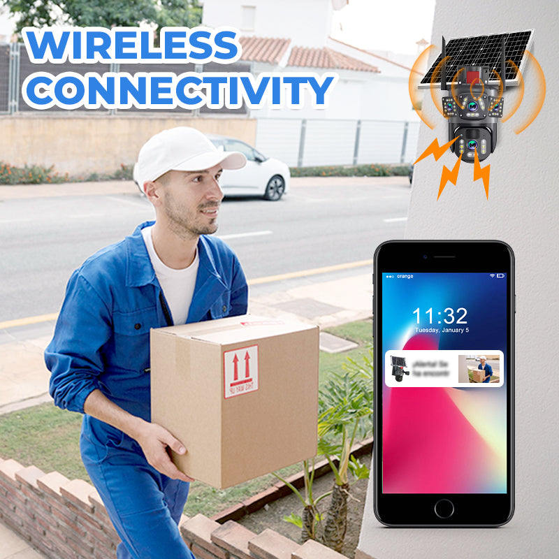 ⏳Offerta a tempo⏰📷 Telecamera di sicurezza Wi‑Fi solare da esterno 6K 9MP｜3 obiettivi, PTZ 360°, IP66 impermeabile, visione notturna a colori, audio bidirezionale, rilevamento movimento✨