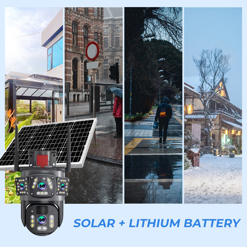 ⏳Offerta a tempo⏰📷 Telecamera di sicurezza Wi‑Fi solare da esterno 6K 9MP｜3 obiettivi, PTZ 360°, IP66 impermeabile, visione notturna a colori, audio bidirezionale, rilevamento movimento✨