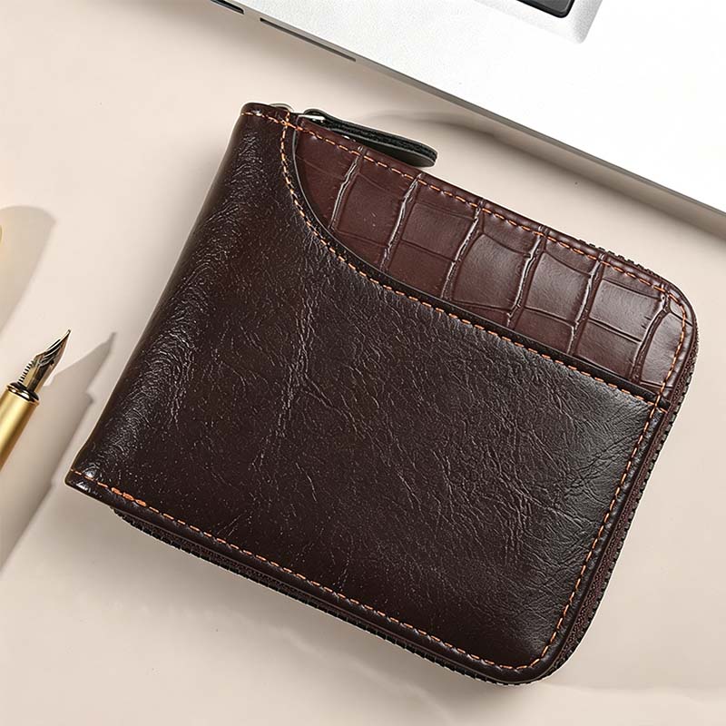 Portafoglio uomo bifold in pelle PU con chiusura zip integrale