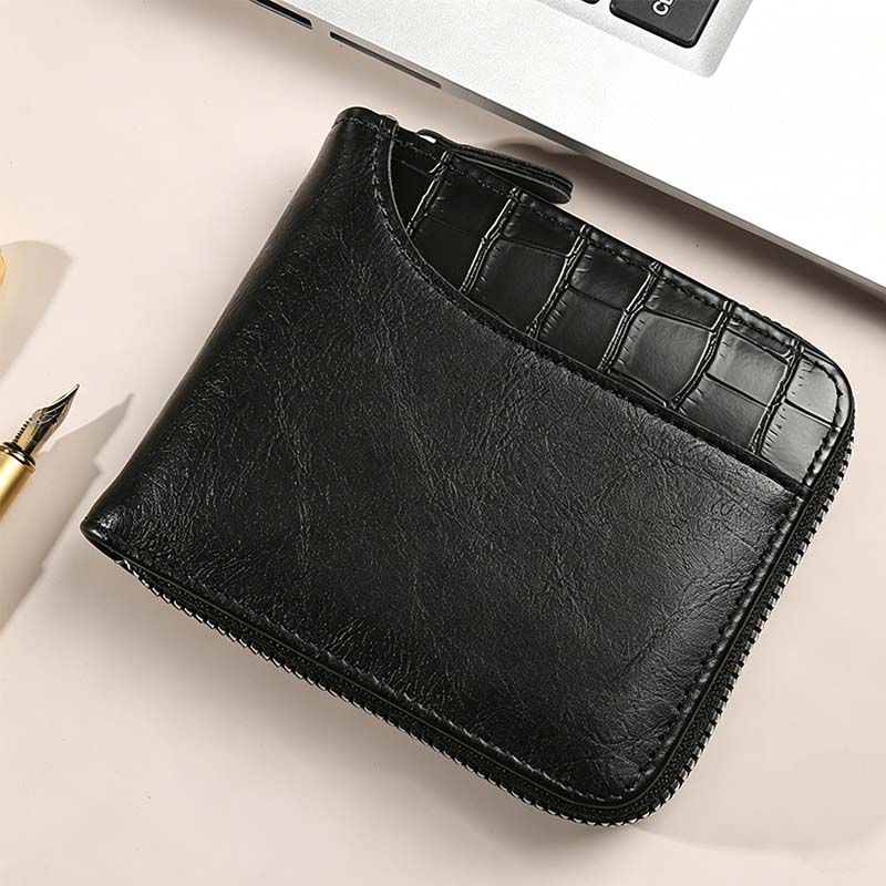 Portafoglio uomo bifold in pelle PU con chiusura zip integrale