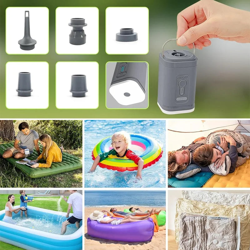 🏕️ Pompa ad aria ricaricabile da campeggio – Luce LED, gonfiaggio rapido, compatta – Pagamento in contrassegno 🔋