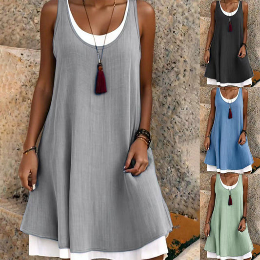 Vestito Lungo da Donna Finto Due Pezzi Senza Maniche