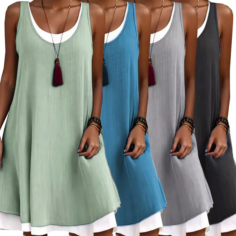 Vestito Lungo da Donna Finto Due Pezzi Senza Maniche