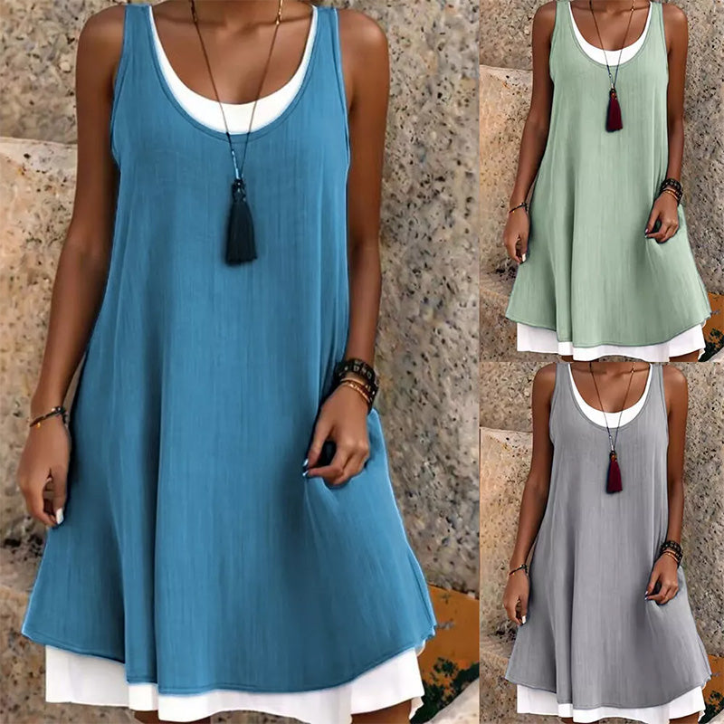 Vestito Lungo da Donna Finto Due Pezzi Senza Maniche