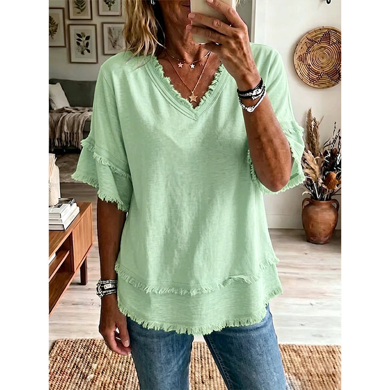 💖T-Shirt Boho da Donna con Scollo a V e Bordi Sfrangiati 🌿 – Vestibilità Ampia, Top Estivo Traspirante in Cotone Morbido👚