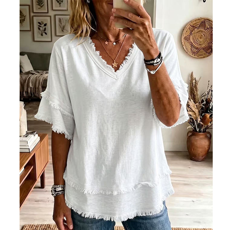 💖T-Shirt Boho da Donna con Scollo a V e Bordi Sfrangiati 🌿 – Vestibilità Ampia, Top Estivo Traspirante in Cotone Morbido👚