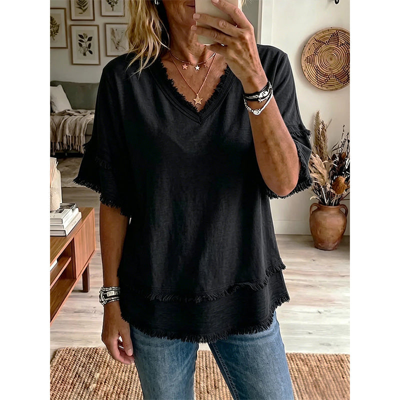 💖T-Shirt Boho da Donna con Scollo a V e Bordi Sfrangiati 🌿 – Vestibilità Ampia, Top Estivo Traspirante in Cotone Morbido👚