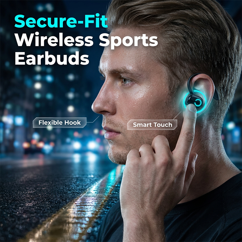 Auricolari stereo wireless Bluetooth 5.2 con gancio per l'orecchio, ideali per lo sport.