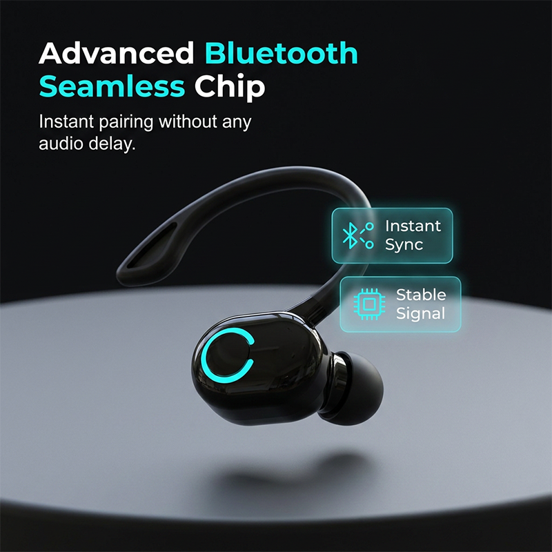Auricolari stereo wireless Bluetooth 5.2 con gancio per l'orecchio, ideali per lo sport.