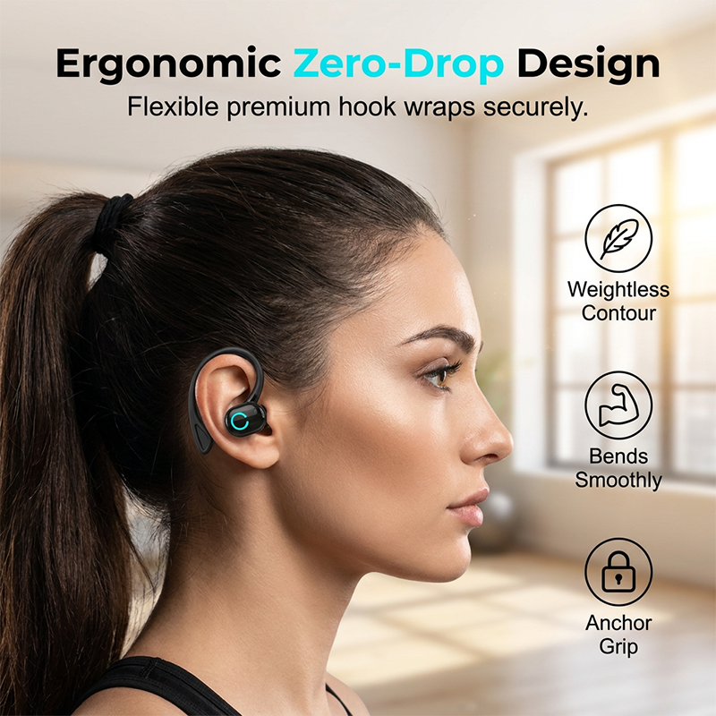 Auricolari stereo wireless Bluetooth 5.2 con gancio per l'orecchio, ideali per lo sport.