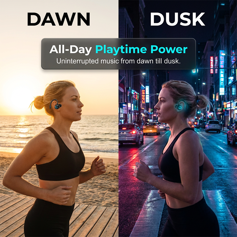 Auricolari stereo wireless Bluetooth 5.2 con gancio per l'orecchio, ideali per lo sport.