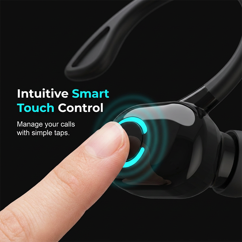 Auricolari stereo wireless Bluetooth 5.2 con gancio per l'orecchio, ideali per lo sport.