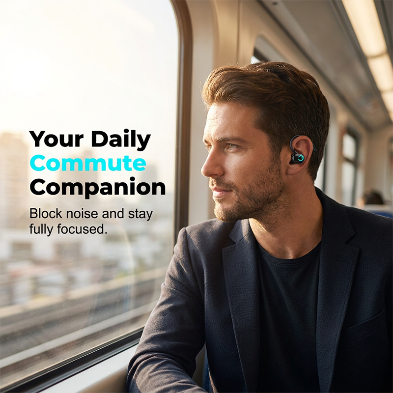Auricolari stereo wireless Bluetooth 5.2 con gancio per l'orecchio, ideali per lo sport.