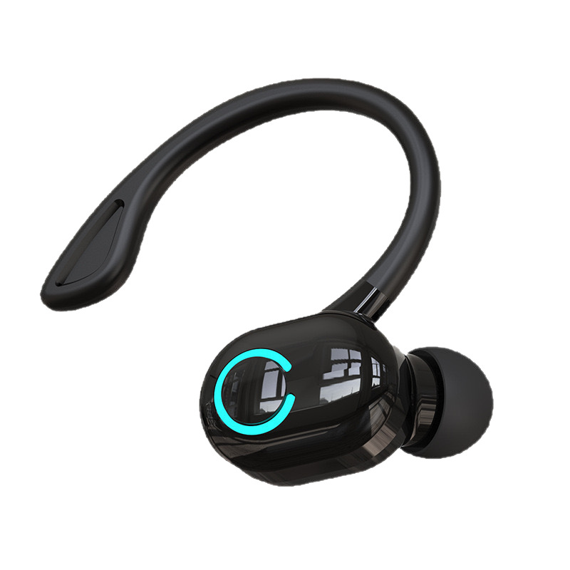Auricolari stereo wireless Bluetooth 5.2 con gancio per l'orecchio, ideali per lo sport.
