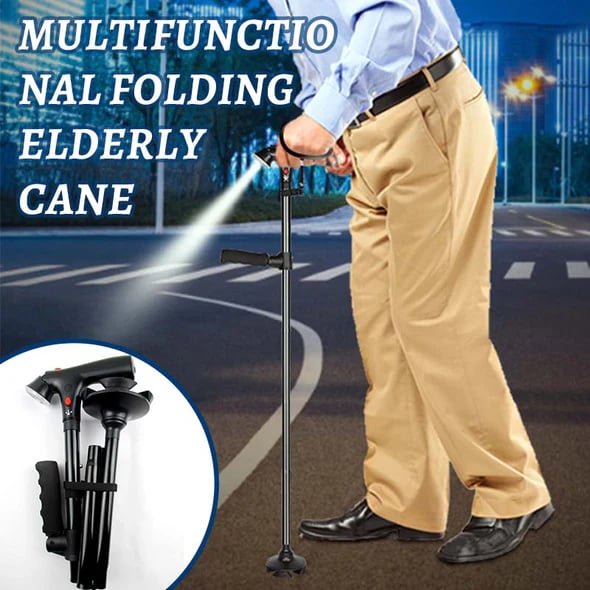 🦯 Bastone multifunzione pieghevole per anziani in alluminio, con luce LED, pulsante di allarme e base a 4 punti. Altezza regolabile (33,9–38 pollici), per passeggiate ed escursioni! 🔦🚨