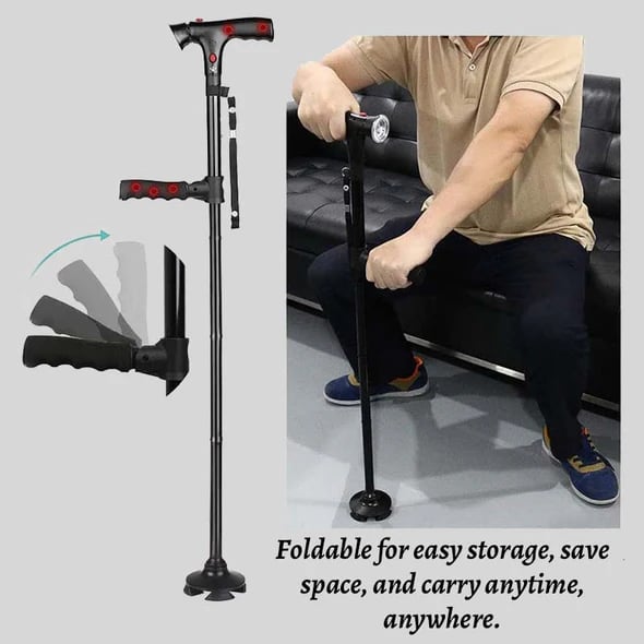 🦯 Bastone multifunzione pieghevole per anziani in alluminio, con luce LED, pulsante di allarme e base a 4 punti. Altezza regolabile (33,9–38 pollici), per passeggiate ed escursioni! 🔦🚨