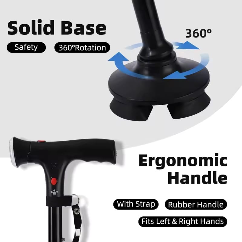 🦯 Bastone multifunzione pieghevole per anziani in alluminio, con luce LED, pulsante di allarme e base a 4 punti. Altezza regolabile (33,9–38 pollici), per passeggiate ed escursioni! 🔦🚨