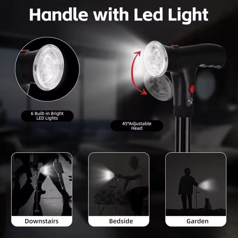 🦯 Bastone multifunzione pieghevole per anziani in alluminio, con luce LED, pulsante di allarme e base a 4 punti. Altezza regolabile (33,9–38 pollici), per passeggiate ed escursioni! 🔦🚨