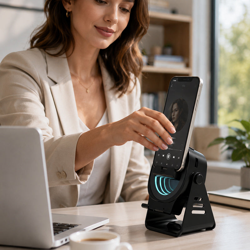 🔊 Supporto 2 in 1 con Altoparlante Audio Induttivo, Suono a 360° Compatibile con Tutti i Telefoni e Tablet