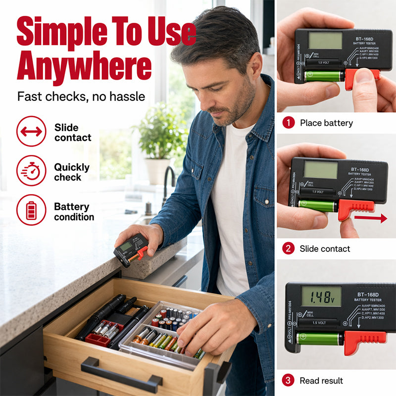 🥳2026 SUPER OFFERTA🥳💞50K+ VENDUTI!📊🔦 SCONTO 50%! Tester Digitale per Batterie – Grande display LCD mostra la carica residua esatta. Compatto e portatile – testa prima di buttare! 🧪💪