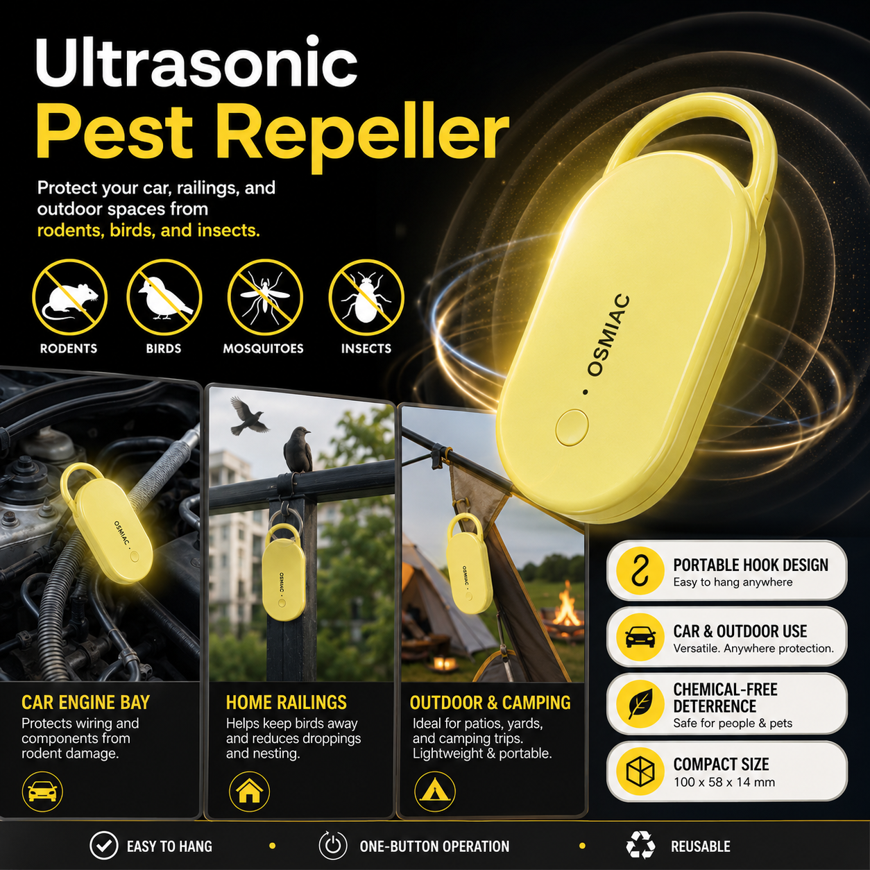 📢📢 Sconto del 50%!! ⏰ Repellente a ultrasuoni portatile per parassiti con gancio per auto