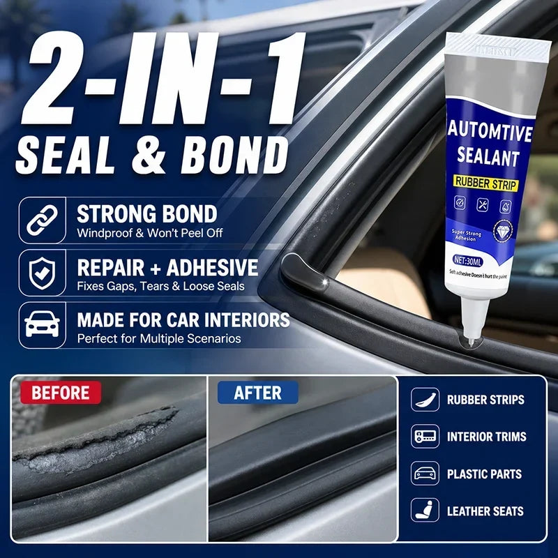 🚗50% DI SCONTO ORA! Sigillante adesivo per guarnizioni portiera auto – 2 in 1 sigillatura & incollaggio, ripara strisce in gomma, crepe, strappi e listelli allentati per interni auto