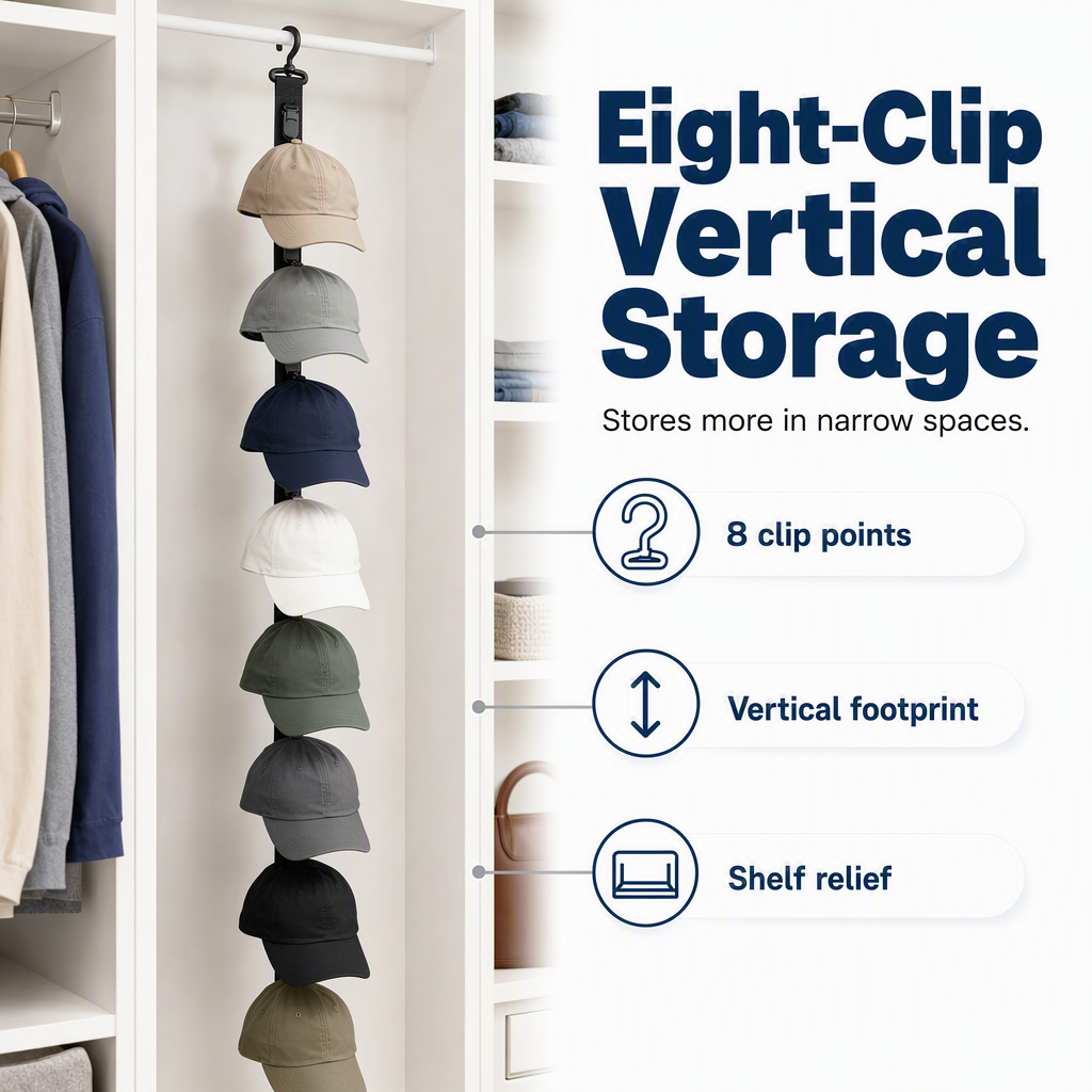 ✨🧢 Portacappelli a parete con 8 clip – Risparmia spazio ed esponi la tua collezione di cappelli! Perfetto per camera e armadio 🏠📐