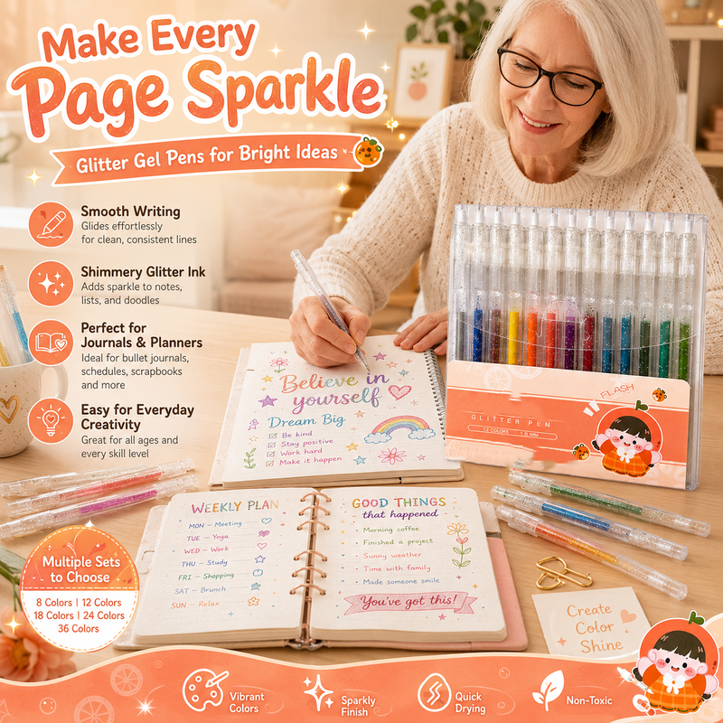 🎨 Set Penne Glitter a Asciugatura Rapida – Per Biglietti, Planner e Scrapbook | Inchiostro Brillante su Carta Chiara e Scura ✨