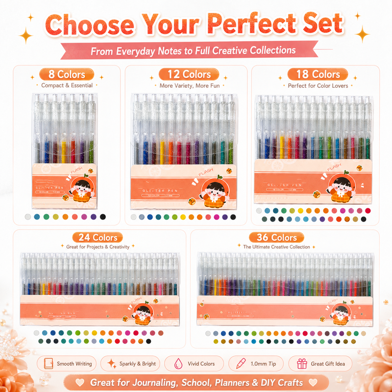 🎨 Set Penne Glitter a Asciugatura Rapida – Per Biglietti, Planner e Scrapbook | Inchiostro Brillante su Carta Chiara e Scura ✨