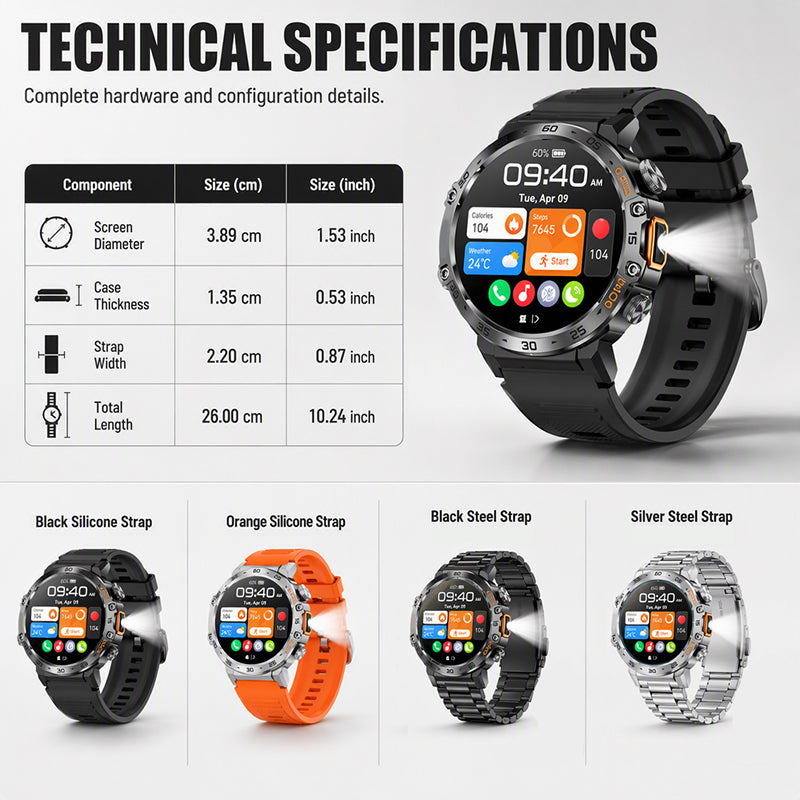 ⌚ Smartwatch Outdoor Multifunzione | 🔦 Torcia LED Integrata | 📞 Chiamate Bluetooth | 🏔️ Design Robusto per Avventure