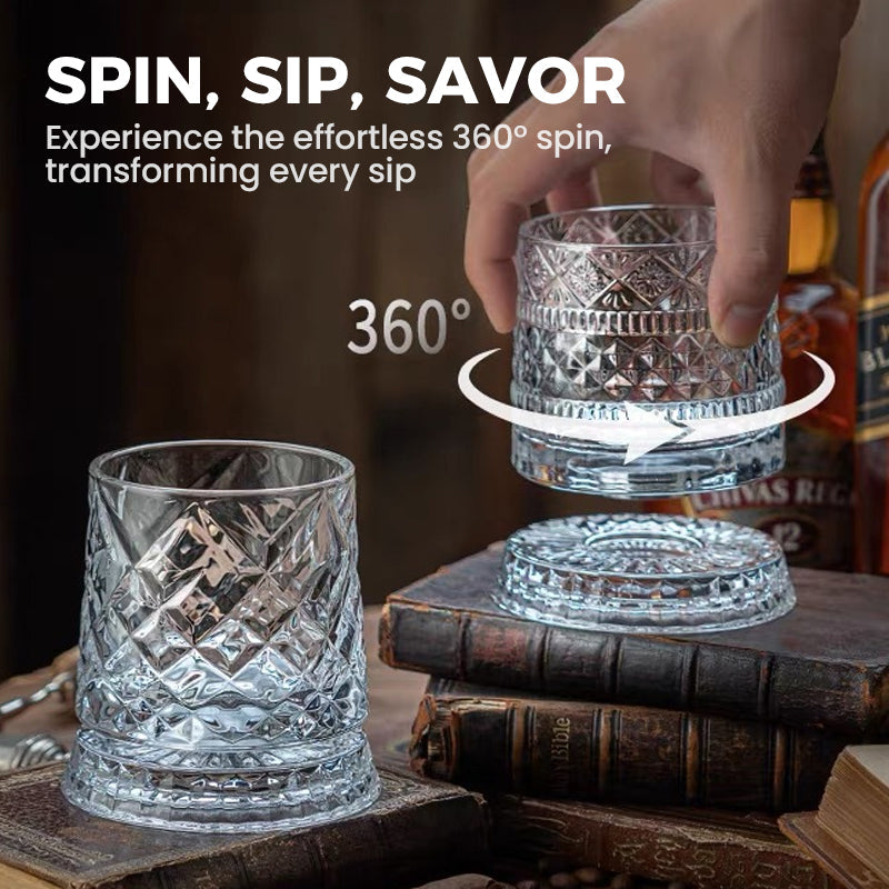 🥃 Bicchiere da whisky rotante a 360° – Base girevole fluida, vetro cristallino, fondo pesante per degustazioni equilibrate ✨