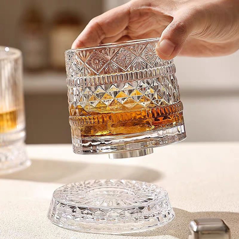 🥃 Bicchiere da whisky rotante a 360° – Base girevole fluida, vetro cristallino, fondo pesante per degustazioni equilibrate ✨