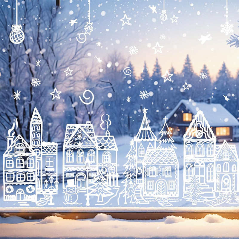 ❄️🏠 Set di adesivi statici per finestre con villaggio natalizio, decorazione invernale da 78 pezzi