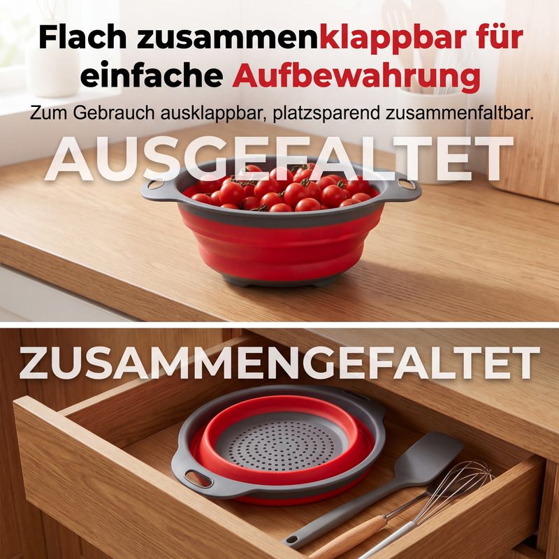 🥳NUOVO ARRIVO🔥50% DI SCONTO 🥬💧 Colino da cucina pieghevole｜Scolapasta salvaspazio, silicone flessibile, adatto per frutta, verdura e pasta, facile da pulire e riporre✨