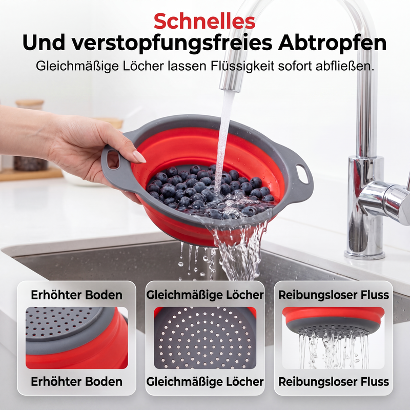 🥳NUOVO ARRIVO🔥50% DI SCONTO 🥬💧 Colino da cucina pieghevole｜Scolapasta salvaspazio, silicone flessibile, adatto per frutta, verdura e pasta, facile da pulire e riporre✨
