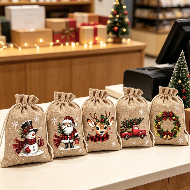 🎅🎁 -50%! 🎄Sacos de Natal com cordão – Estampados festivos e tecido resistente para uma embalagem elegante e reutilizável.