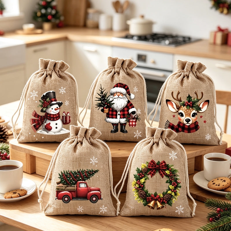 🎅🎁 -50%! 🎄Sacos de Natal com cordão – Estampados festivos e tecido resistente para uma embalagem elegante e reutilizável.