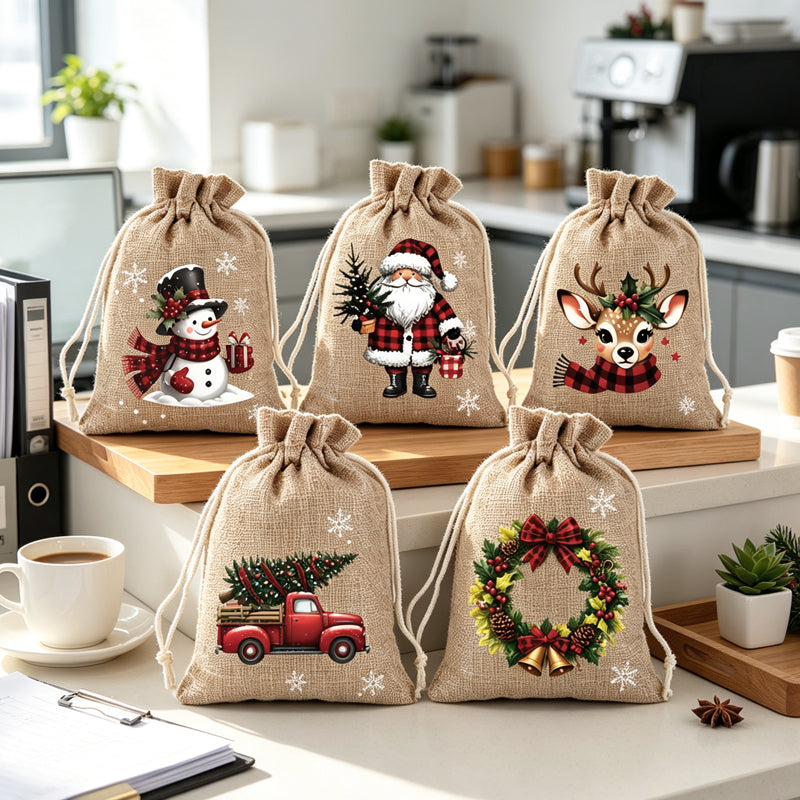 🎅🎁 -50%! 🎄Sacos de Natal com cordão – Estampados festivos e tecido resistente para uma embalagem elegante e reutilizável.
