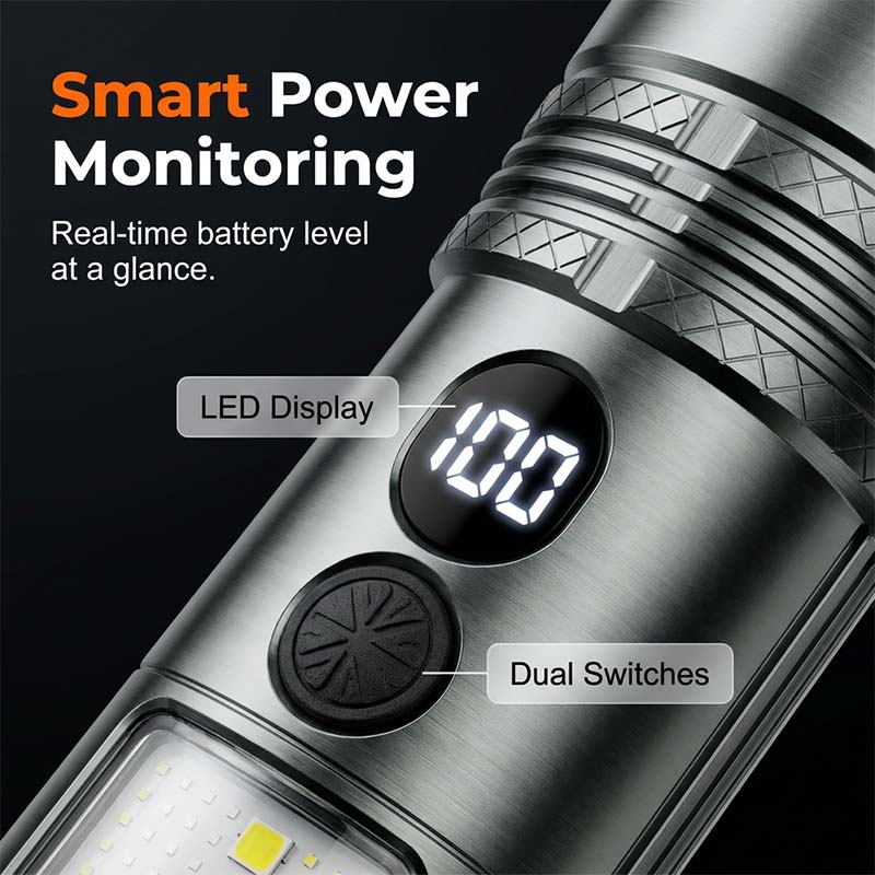 🔦✨ Torcia tattica ricaricabile con display digitale – Dì Addio all’oscurità e alle sorprese di batteria scarica! 🚫 Ultra-luminosa, luce laterale da lavoro, impermeabile, ricarica Tipo-C per campeggio e riparazioni ⛺ ✨